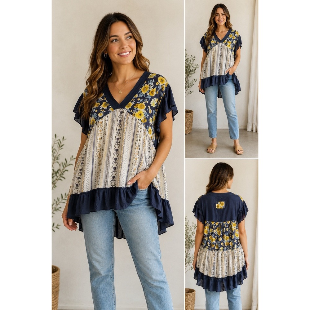 POL Womens Size Small BOHO Floral Patchwork Tunic Top Ruffle Hi Low Cottagecore